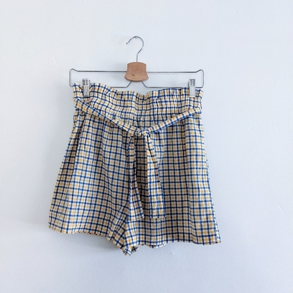 UO Urban Outfitters Yellow Blue Paperbag Plaid High Waist Shorts Size Medium